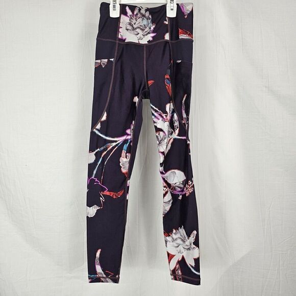 Athleta Salutation Stash Pocket Floral Magnolia Tight Regal Plum Women's Size XS - Picture 2 of 7